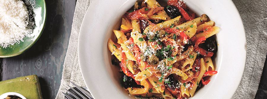 recipe image Italian Penne Pasta with Peppers, Capers & Olives