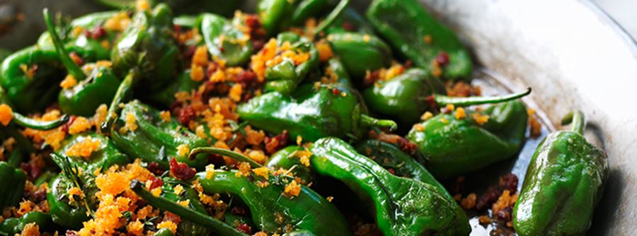 recipe image Padrón Peppers with Crispy Chorizo Crumbs