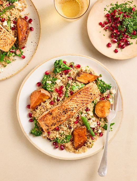 recipe image Salmon Fillets with jewelled cous-cous salad & greens