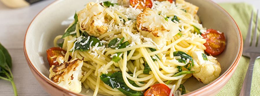 recipe image Becca’s Buttery Spinach and Roasted Cauliflower Spaghetti