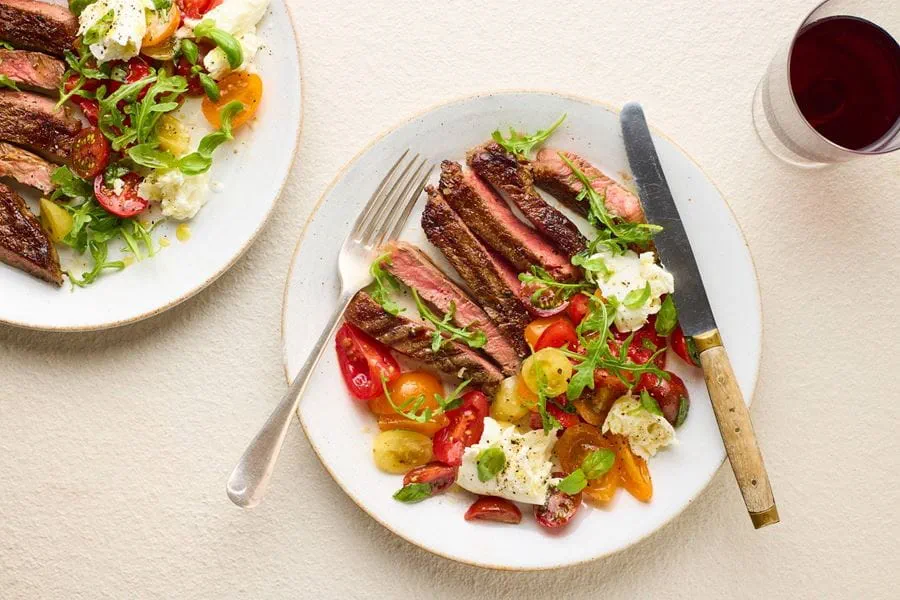 recipe image BBQ Steak with mozzarella, basil and tomato salad